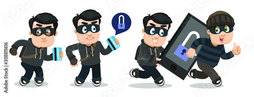 Vector set with hacker in black eye mask in different situations. Computer burglar cracking password, pin code of stolen bank card. Phishing, cyberattack, spam, viruses campaign concept. Vector set.