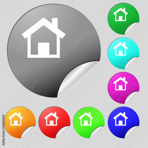 Home, Main page icon sign. Set of eight multi-colored round buttons, stickers.  photo