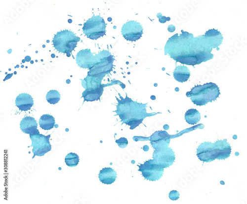blue drops of watercolor paint on a white background, blotches, drips and splashes