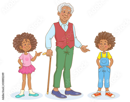 Fashionable grandfather with grandson and granddaughter.  In cartoon style. Isolated on white background. Vector illustration.