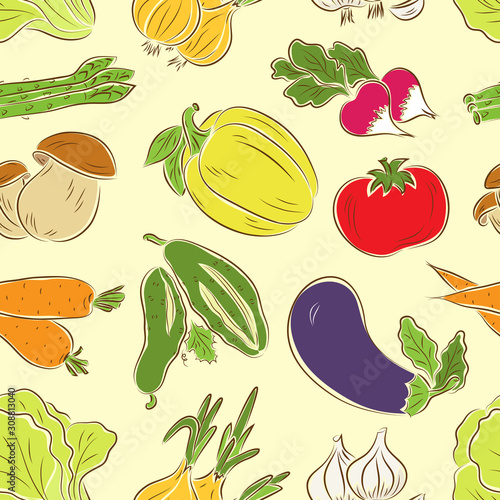 Fototapeta Naklejka Na Ścianę i Meble -  Vegetables seamless pattern. Vegetables Colorful background. Lettuce, onions, garlic, asparagus, mushrooms, radishes, bell peppers, tomatoes, carrots, cucumbers, eggplant