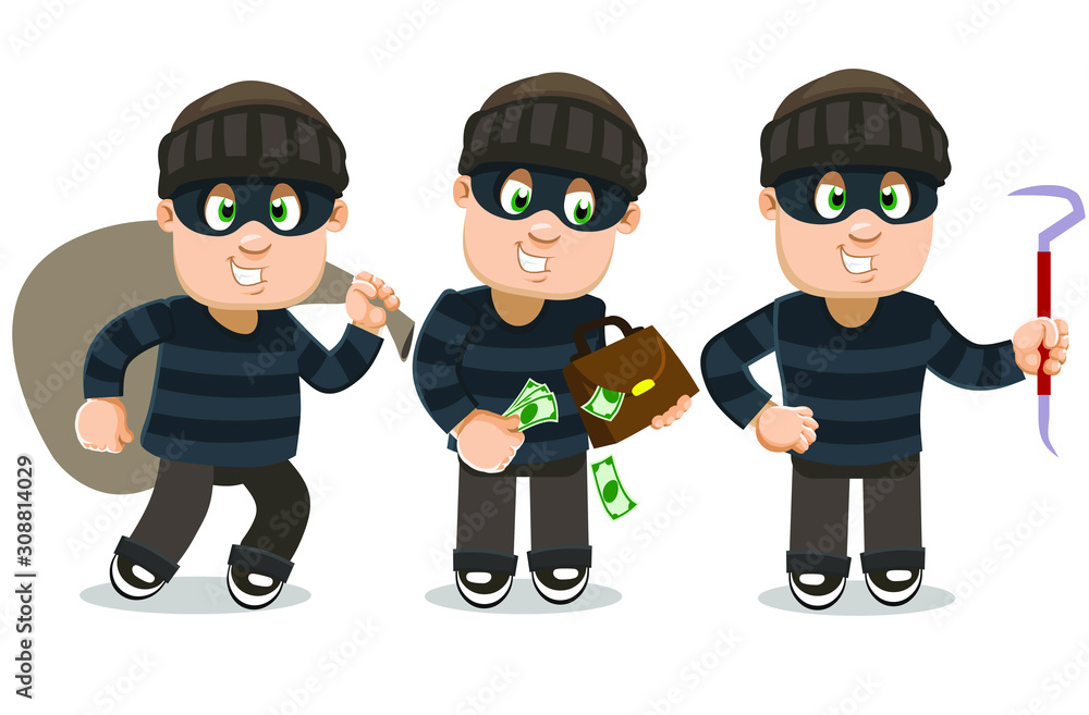 Different moments of robber`s in black eye mask average day. Burglar, thief going with bagful, stealing money from briefcase, standing and keeping lock picker. Cartoon vector set on white. Different moments of robber`s in black eye mask average day. Burglar, thief going with bagful, stealing money from briefcase, standing and keeping lock picker. Cartoon vector set on white.