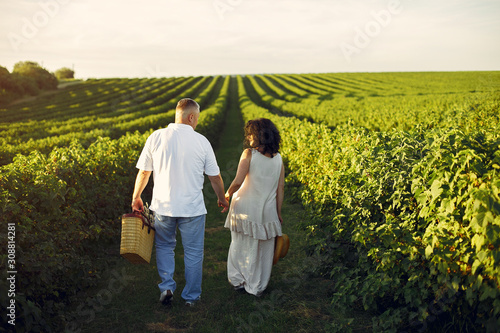 Aduld couple in a summer field. Handsome senior in a white shirt. Woman in a white dress © prostooleh