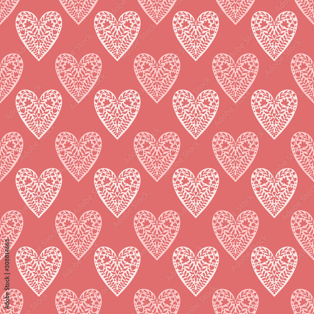 Art deco pattern with floral hearts. Valentine modern background in coral color.