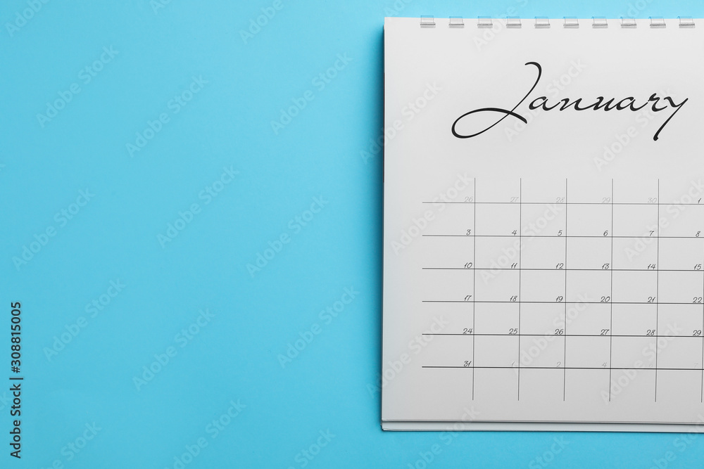 January calendar on light blue background, top view. Space for text January calendar on light blue background, top view. Space for text