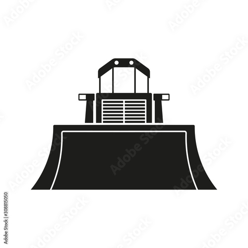 Bulldozer icon. Front view. Black silhouette. Vector drawing. Isolated object on a white background. Isolate.