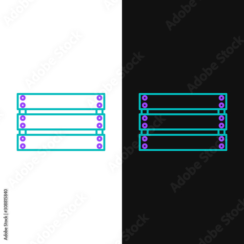 Green and purple line Wooden box icon isolated on white and black background. Grocery basket, storehouse crate. Empty wooden container for vegetables, products.  Vector Illustration