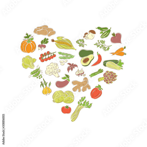 Vegetables vector set. Vegetables icons. Heart shaped set.