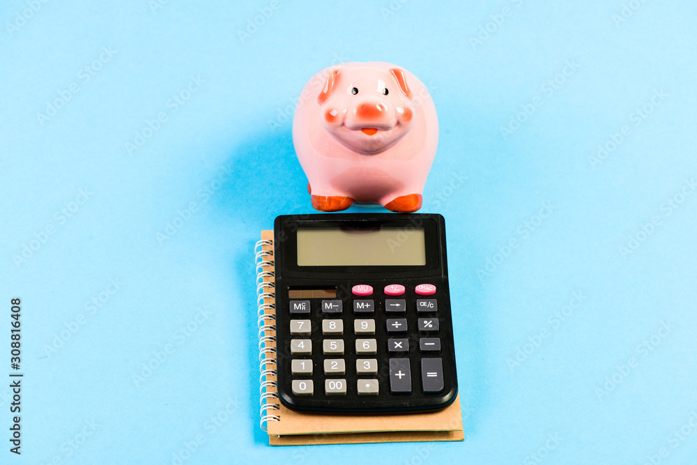 bookkeeping. financial report. business start up. family budget management. piggy bank with calculator. Moneybox. saving money. First salary. Money bookkeeping. financial report. business start up. family budget management. piggy bank with calculator. Moneybox. saving money. First salary. Money