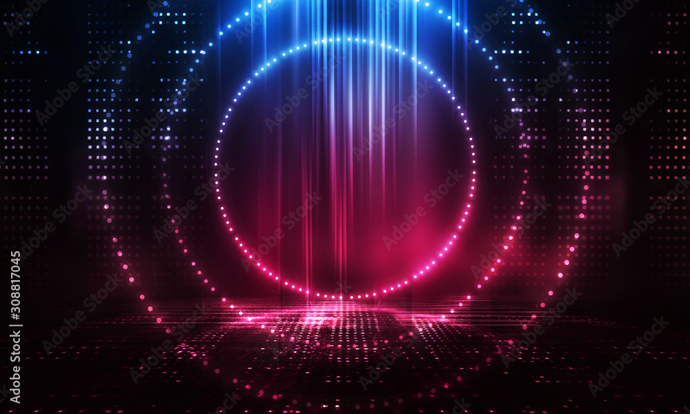 Futuristic abstract blue and pink neon background, luminous geometric figure in the center. Abstract light, rays and lines. Empty night scene. Futuristic abstract blue and pink neon background, luminous geometric figure in the center. Abstract light, rays and lines. Empty night scene.