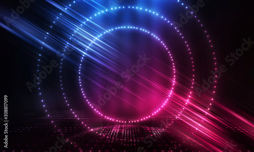 Futuristic abstract blue and pink neon background, luminous geometric figure in the center. Abstract light, rays and lines. Empty night scene. © MiaStendal