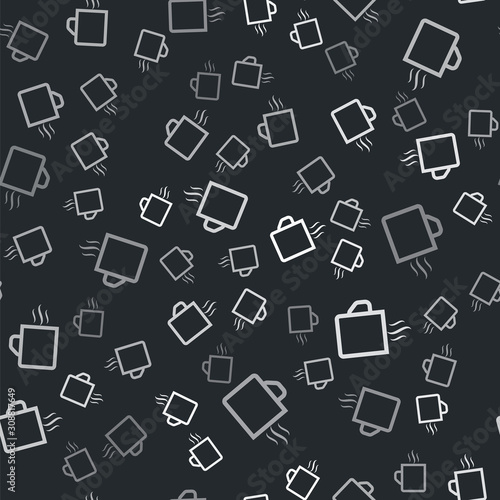 Grey Coffee cup flat icon isolated seamless pattern on black background. Tea cup. Hot drink coffee. Vector Illustration
