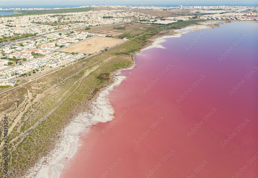 Beautiful aerial wide vibrant summer view of las Salinas de Torrevieja, The Pink  Lake Of Torrevieja, pink salt lagoon in Torrevieja, Costa Blanca, province  of Alicante, Spain Stock Photo | Adobe Stock
