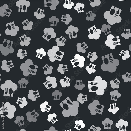 Grey Chef hat with fork and spoon icon isolated seamless pattern on black background. Cooking symbol. Restaurant menu. Cooks hat. Vector Illustration