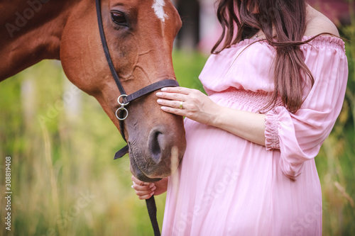 Fototapeta Naklejka Na Ścianę i Meble -  Red horse and pregnant girl