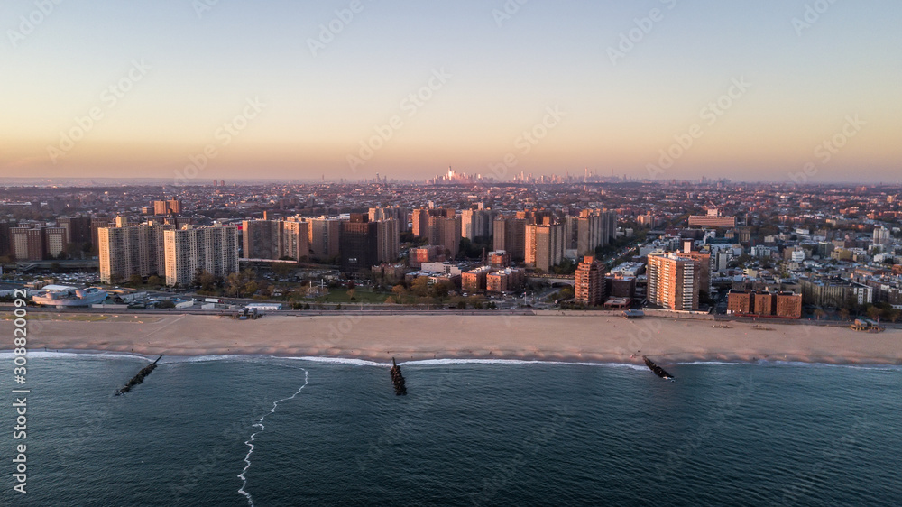 Aerial view on Brighton Beach and Brooklyn with New York