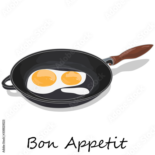 Fried egg. Close up view of the fried egg on a frying pan. Vector illustration of food on cast iron pan and white background.