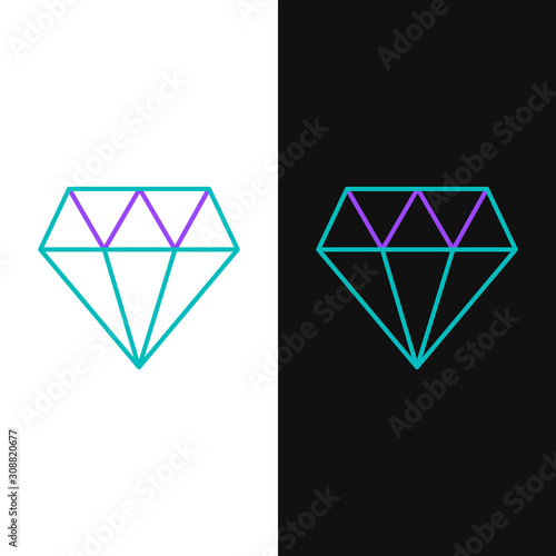 Green and purple line Diamond icon isolated on white and black background. Jewelry symbol. Gem stone. Vector Illustration