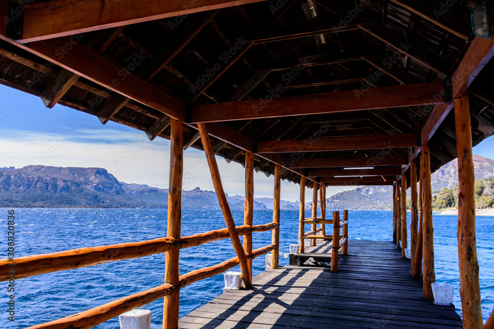 Scene view of wooden pier at Traful Lake in Villa Traful, Patagonia, Argentina