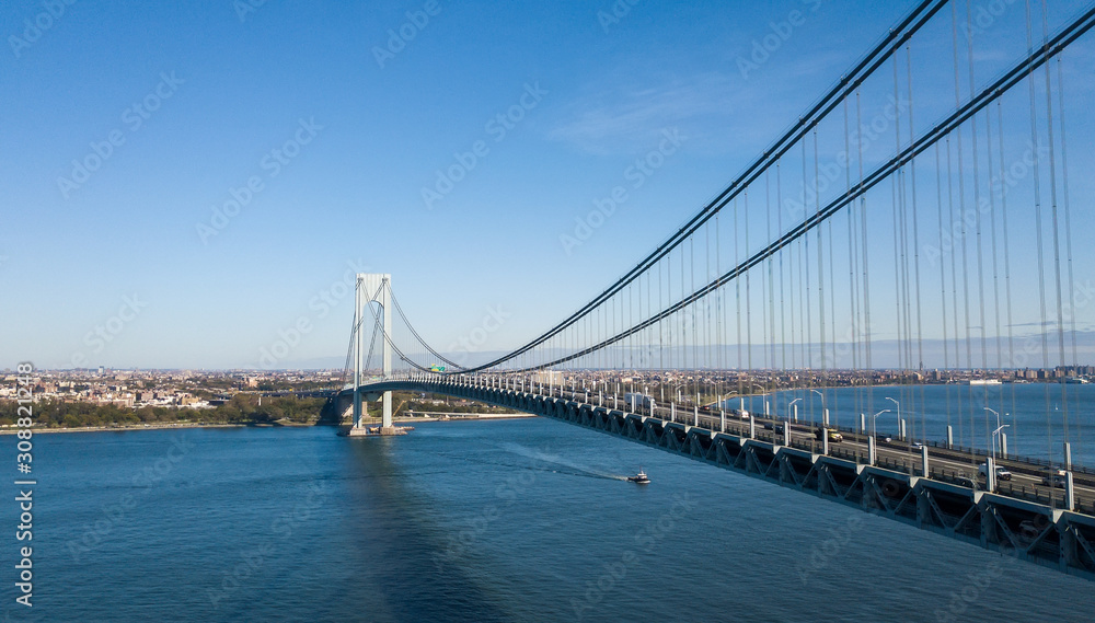 Fototapeta premium Aerial view footage of the Verrazano Bridge NY