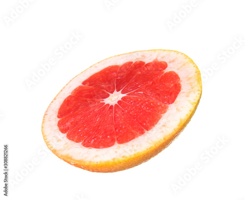 Slice of fresh grapefruit on white background