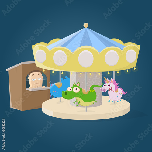 funny illustration of a cartoon carousel