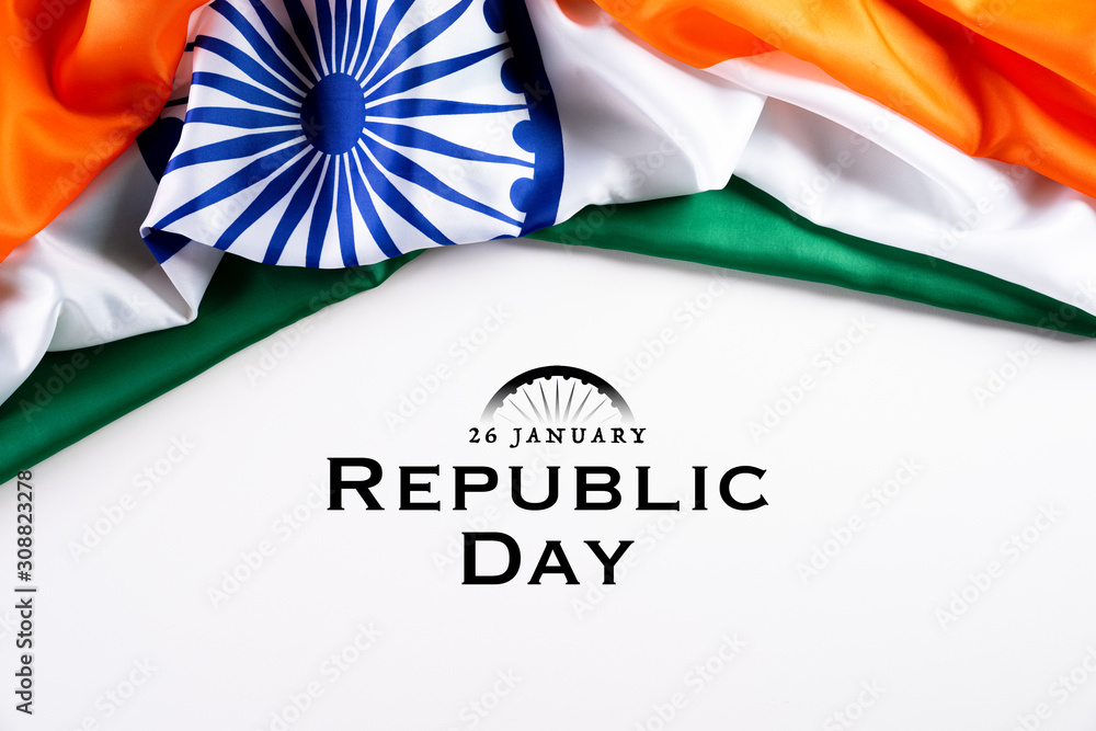 Indian republic day concept. Indian flag with the text Happy republic day against a white background. 26 January. - obrazy, fototapety, plakaty 
