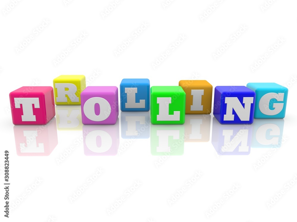 Trolling concept on different colored toy blocks Trolling concept on different colored toy blocks