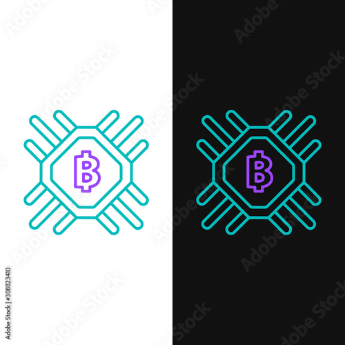 Green and purple line CPU mining farm icon isolated on white and black background. Bitcoin sign inside processor. Cryptocurrency mining community. Digital money. Vector Illustration