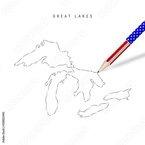 All of the Great Lakes vector map pencil sketch. Superior, Michigan, Huron, Erie, and Ontario outline map