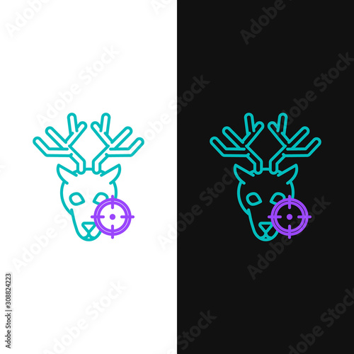 Green and purple line Hunt on deer with crosshairs icon isolated on white and black background. Hunting club logo with deer and target. Rifle lens aiming a deer. Vector Illustration