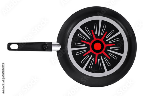 The back of a black pan on a white isolated background. View from above.