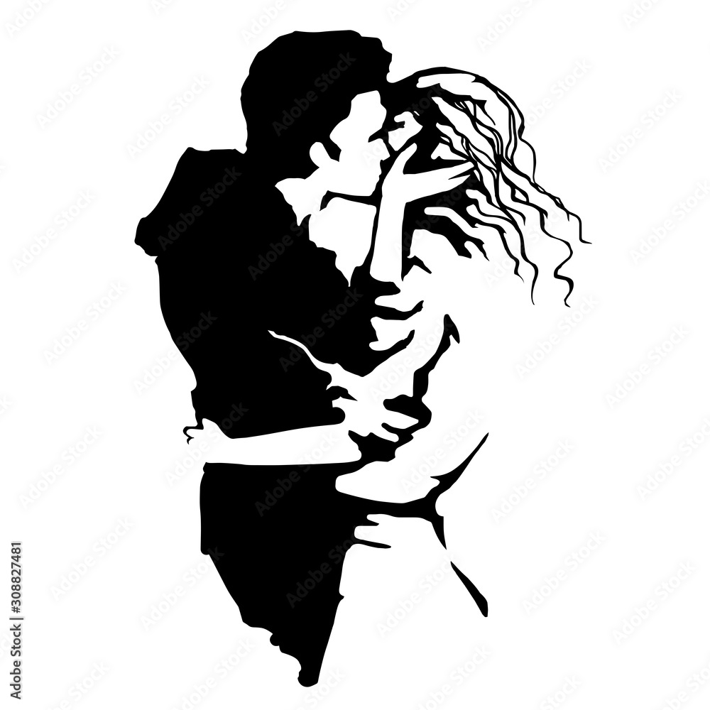 Black and white sketchy image of a kissing couple. Vector illustration ...