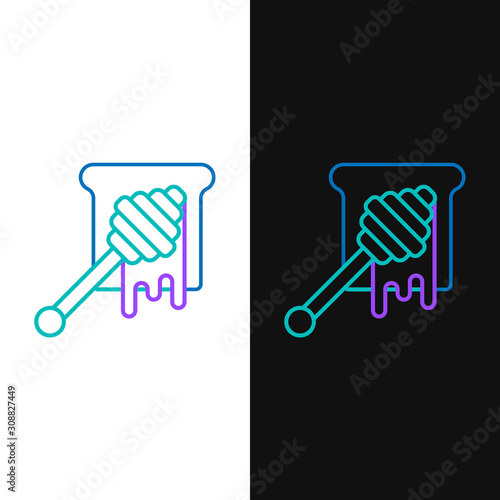 Green and purple line Honey dipper stick with dripping honey icon isolated on white and black background. Honey ladle. Vector Illustration