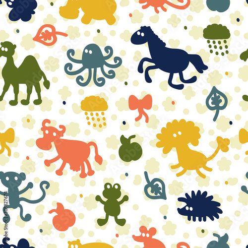 Fototapeta Naklejka Na Ścianę i Meble -  Colorful seamless pattern with different silhouettes animals