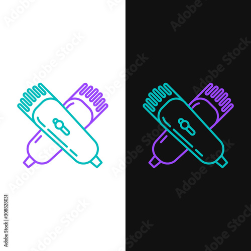 Green and purple line Crossed electrical hair clipper or shaver icon isolated on white and black background. Barbershop symbol. Vector Illustration