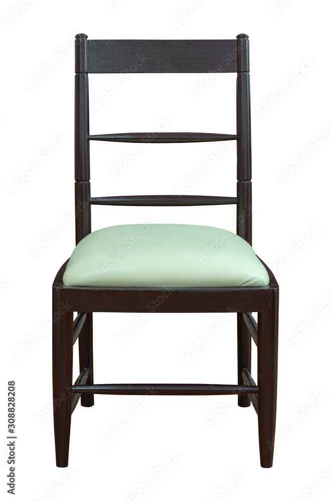 Front View of Wooden Chair with Leather Seat Isolated on White Background with Clipping Path Front View of Wooden Chair with Leather Seat Isolated on White Background with Clipping Path