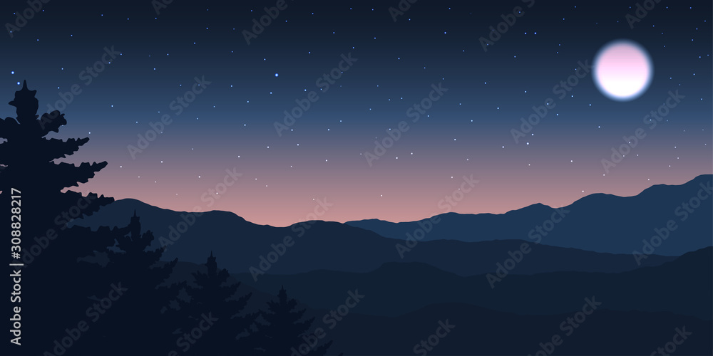 View of moon and star on forest at night colorful.