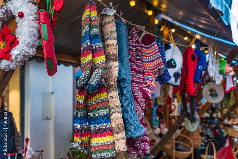 colorful knitted socks for sale at the market