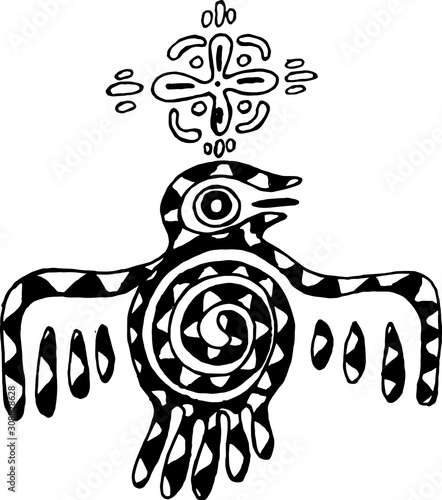 Tribal style bird illustration with ornament and mandala. The idea for a tattoo.