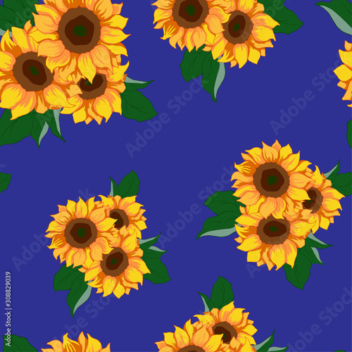 seamless pattern, sunflower and leaves in bright colors, ornament for wallpaper