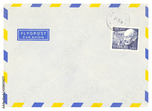 Luftpost airmail Schweden Sweden Umschlag envelope vintage retro Briefmarke stamp gestempelt used blau weiss gelb Nobelpreis 1918 Planck Arne Wallhorn 1978 photo