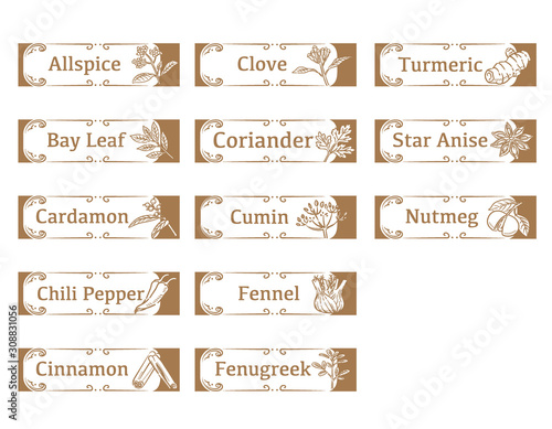 Labels and icons of spices.