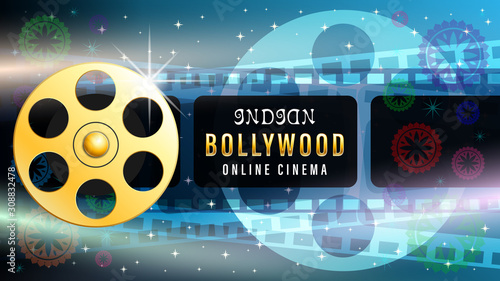 Bollywood indian web banner, film strip frame, gold metal movie reel, light effects, silhouette of a movie projector on dark blue starry sky. Realistic 3d vector illustration.