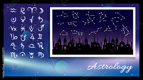 astrology signs, symbols on a light effect and dark blue background, constellation on a old city and night starry sky background. Vector illustration.