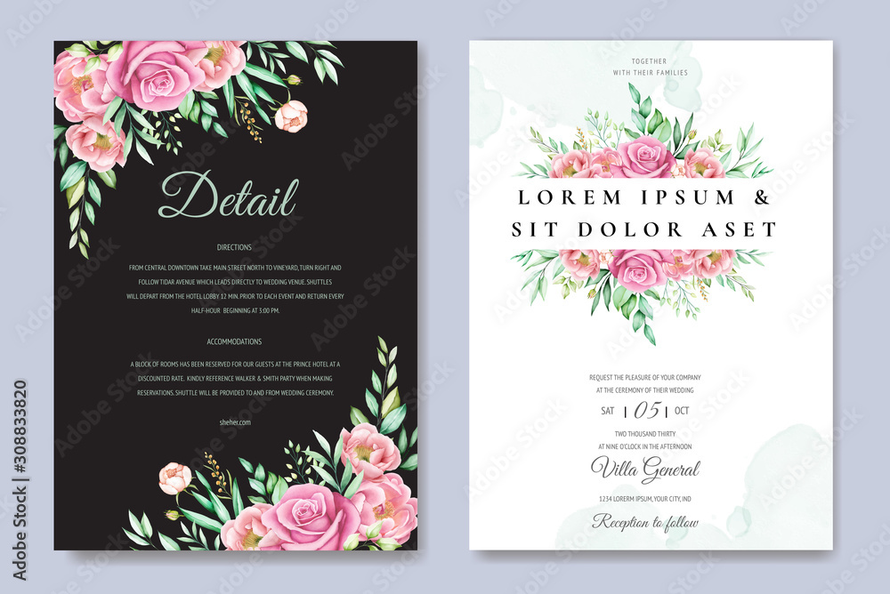 beautiful roses and peonies wedding card template