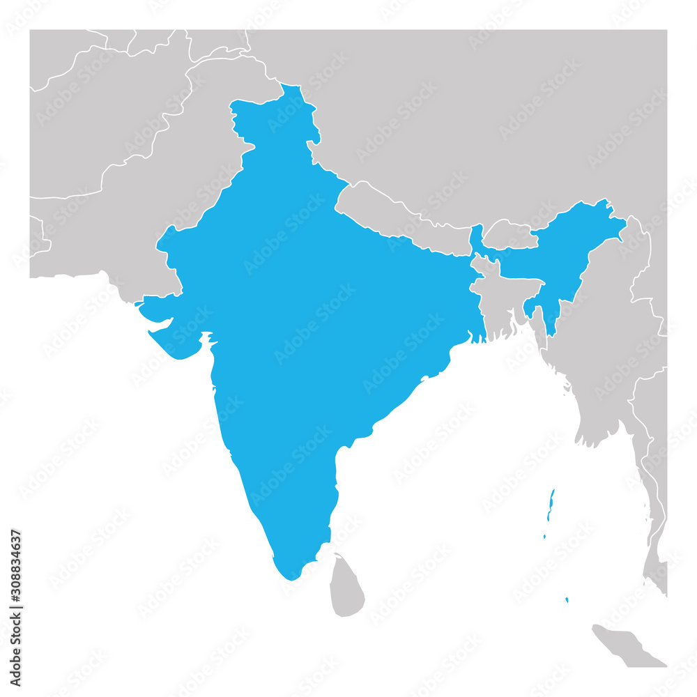 Map of India green highlighted with neighbor countries