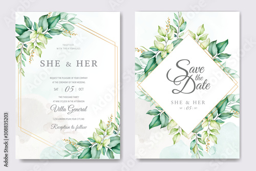 beautiful green leaves wedding invitation card
