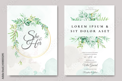 beautiful green leaves wedding invitation card