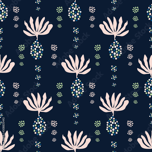 Floral Damask Motif Background. Naive Seed Blossom Dark Flower Seamless Pattern. Elegant Exotic Tropical Bloom on Classic Blue Indigo. Hand Drawn Textile Wallpaper. Repeat Illustration Vector EPS 10
